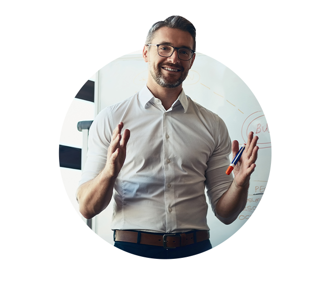 Business professional with white board and marker