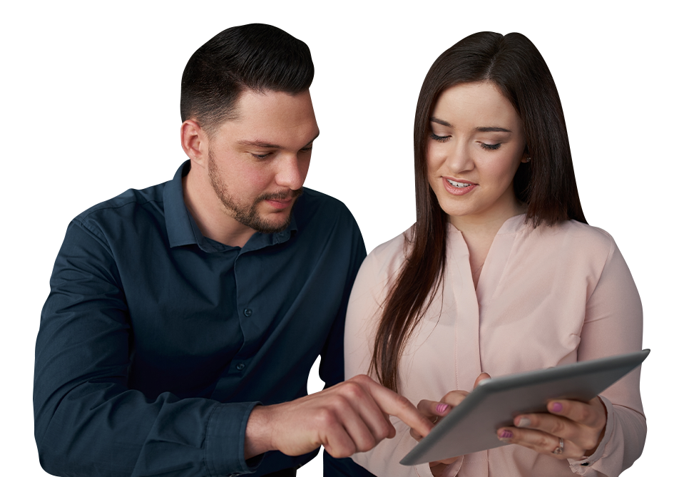 A man and a woman using a tablet computer