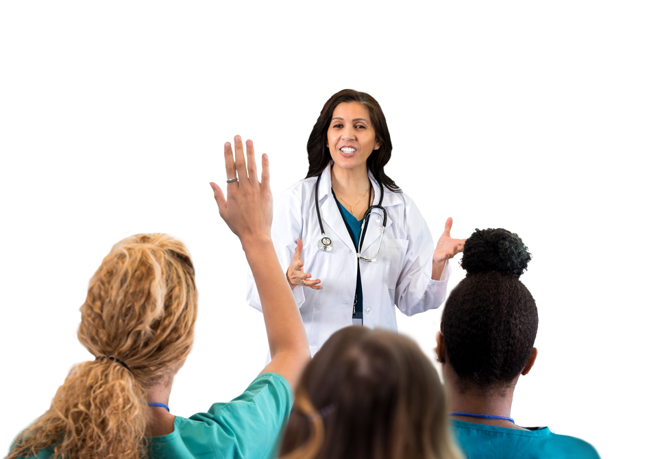 Medical student raising hand in classroom