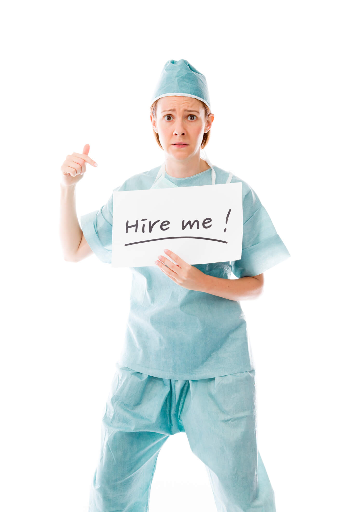OR nurse in scrubs holding a Hire Me sign