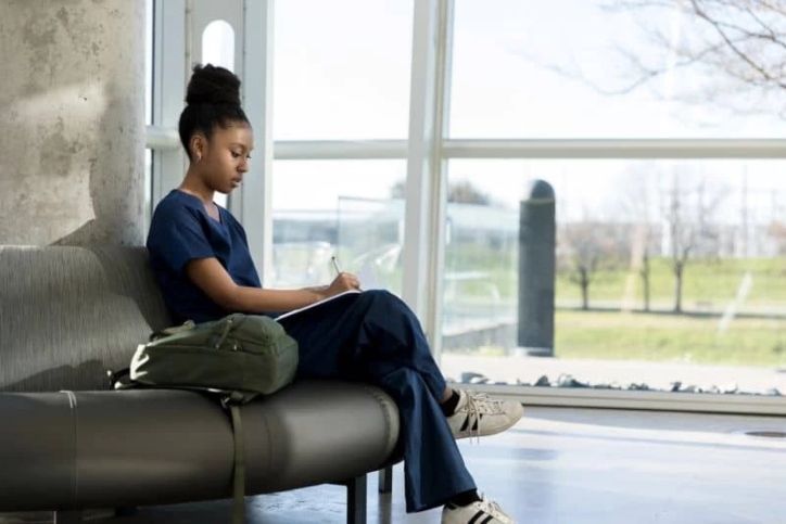 Healthcare professional wearing scrubs and seating on a couch