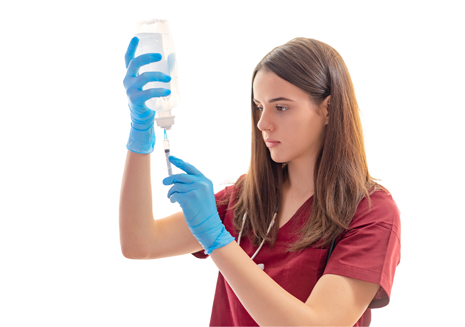 a rapid nurse injecting a syringe into an IV bag a rapid nurse injecting a syringe into an IV bag