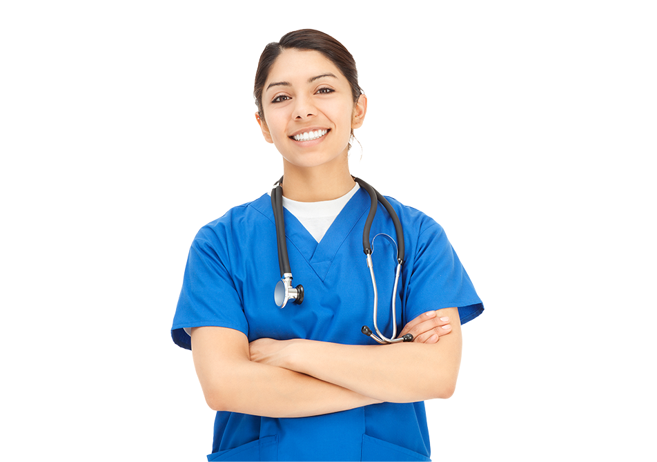 a seasonal nurse smiling and standing with her arms crossed a seasonal nurse smiling and standing with her arms crossed