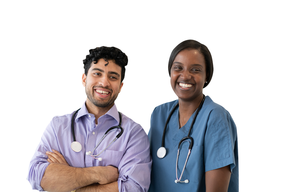 a male doctor and female nurse smiling