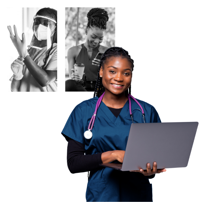 A physician wearing medical scrubs, holding a laptop while smiling.
