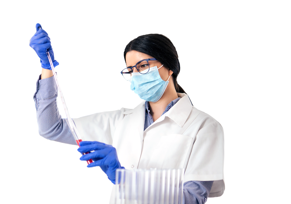 Lab technician pouring contents of syringe into vial