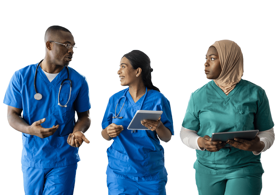 three diverse medical professionals having a discussion