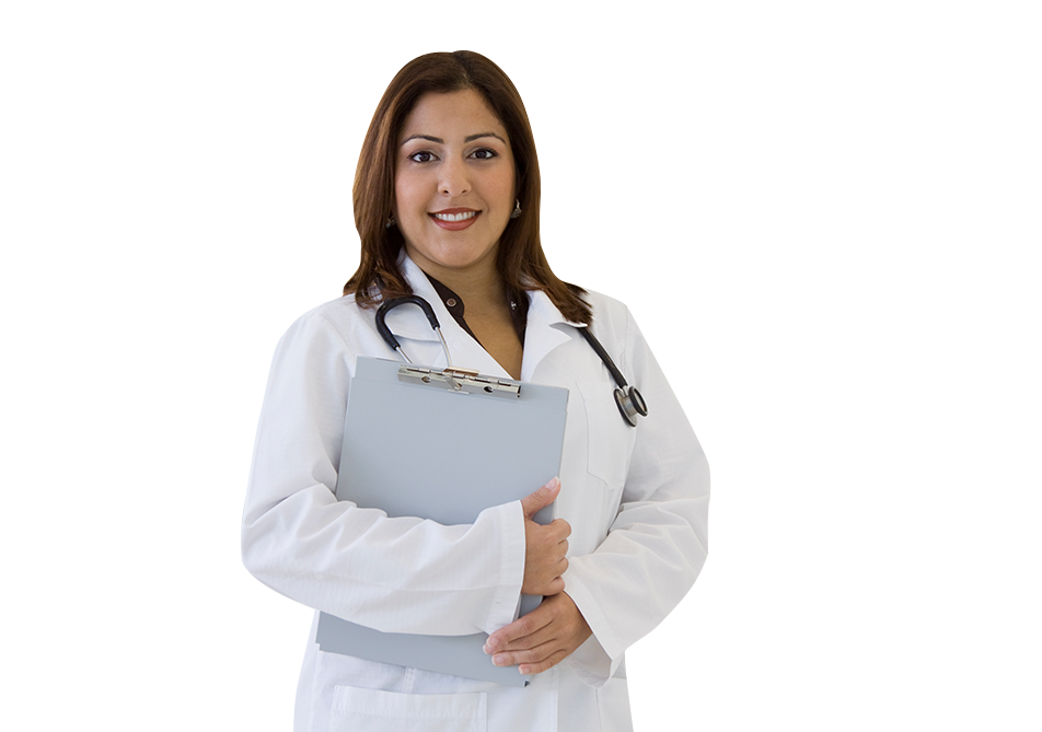 Female physician holding clipboard