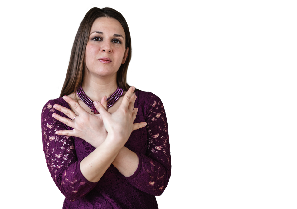 Female language interpreter making sign with hands