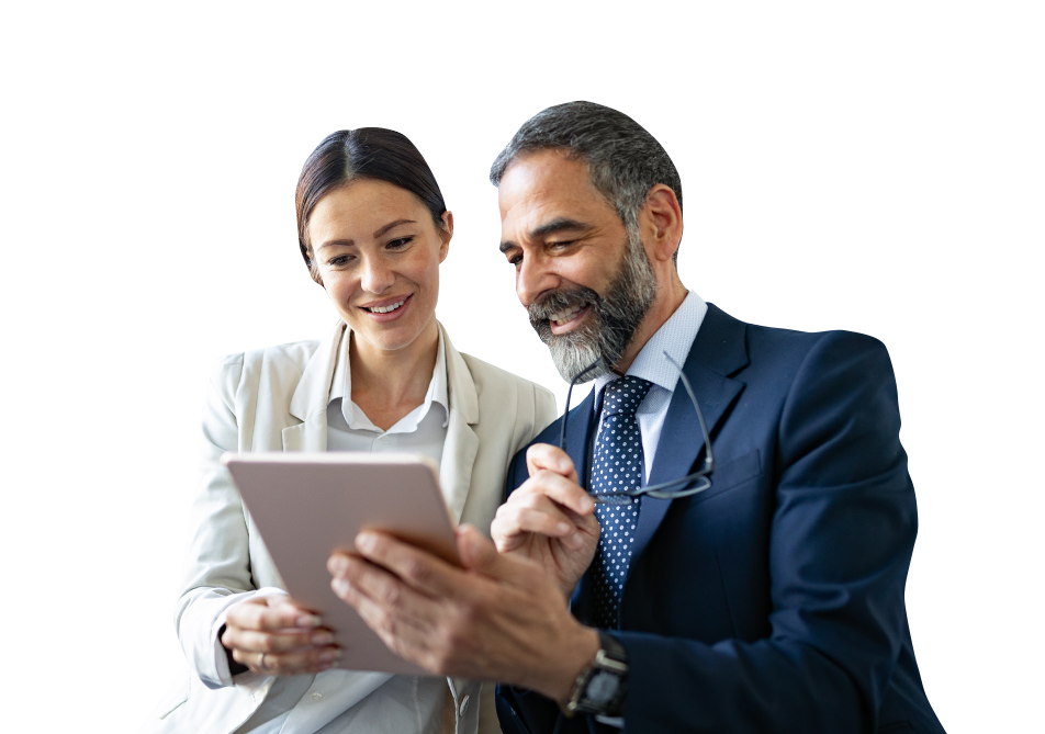 Two business professionals looking at information on tablet computer