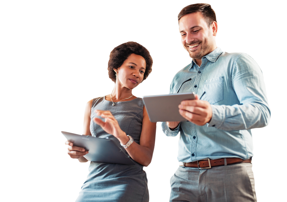 Two business people looking at table computers