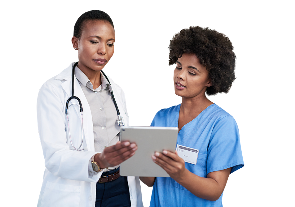 Physician and nurse talking to each other about provider forecasting